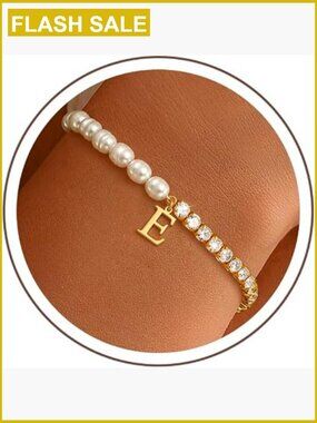 14K Gold Plated Freshwater Pearl Initial CZ Tennis Bracelet with Lobster Claw
